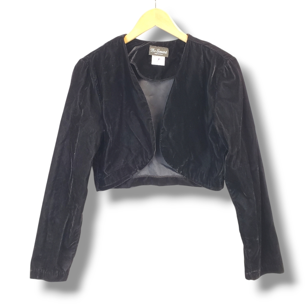 Vintage Be Smart Black Velvet Cropped Cover-up Cardigan Size Medium